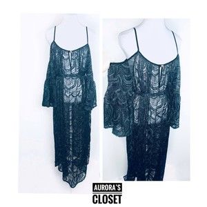 Odylyne S Black Lace Dress Sheer Cold Shoulder  Belt Scallop Bell Oversized $500